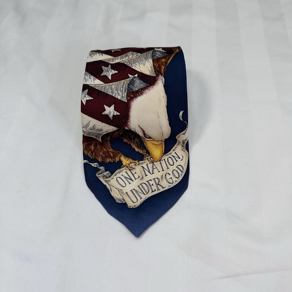 Vintage Patriotic Silk Tie Bald Eagle "One Nation Under God" American Flag USA